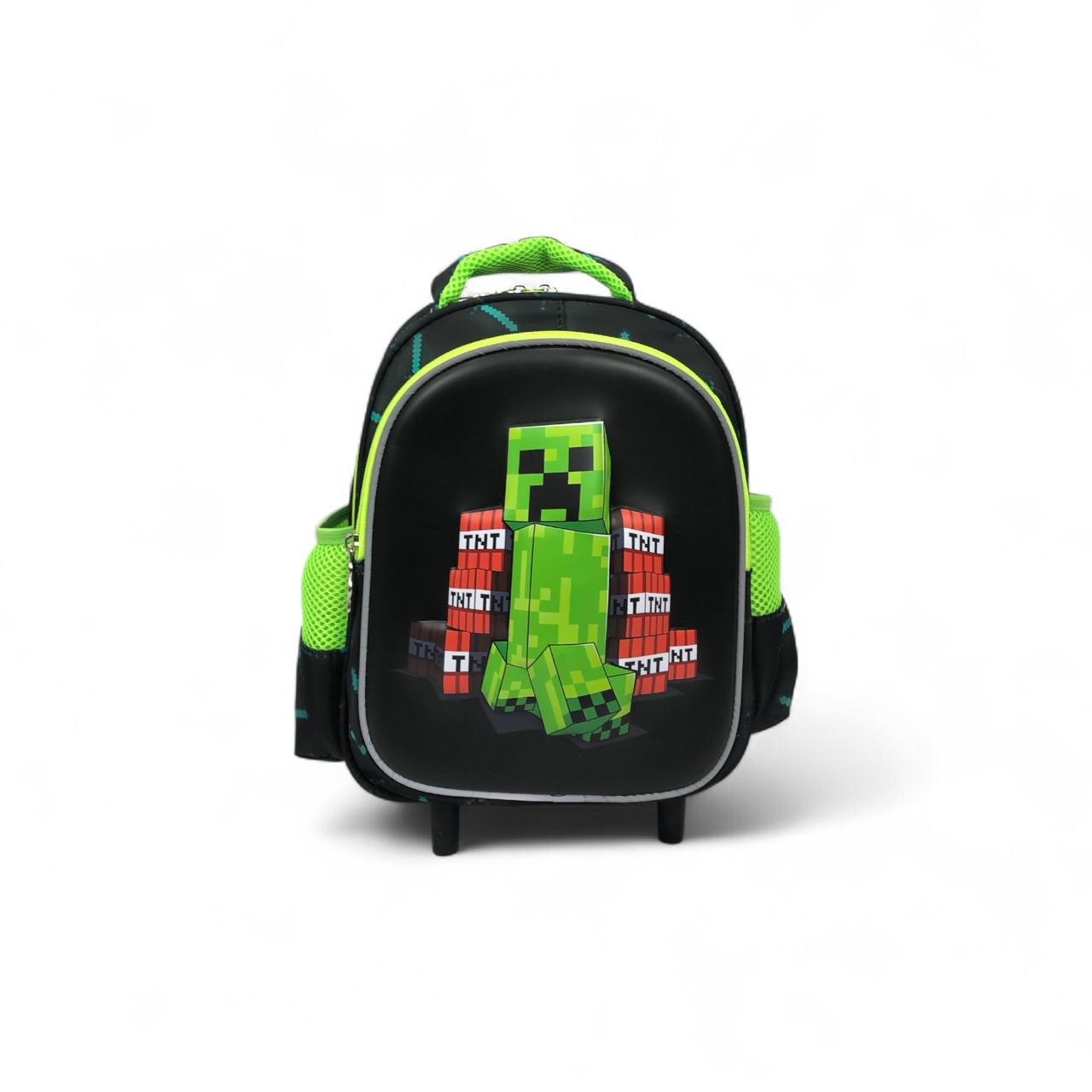 Kids trolley backpack with rounded black front panel and neon green Creeper print, handle